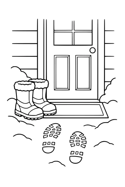 Coloriage : Bottes de neige près de la porte et des empreintes.