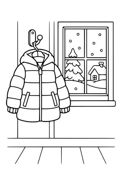 Coloriage : Manteau d’hiver sur un crochet près de la fenêtre.