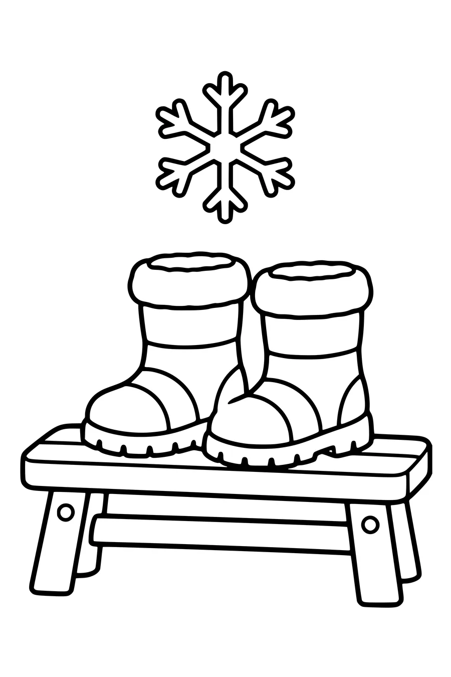 Coloriage : Bottes de neige sur un banc.