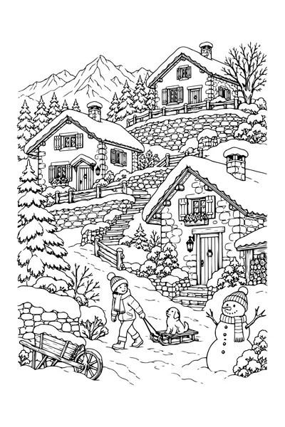 Coloriage : Village de montagne enneigé avec une vieille brouette.