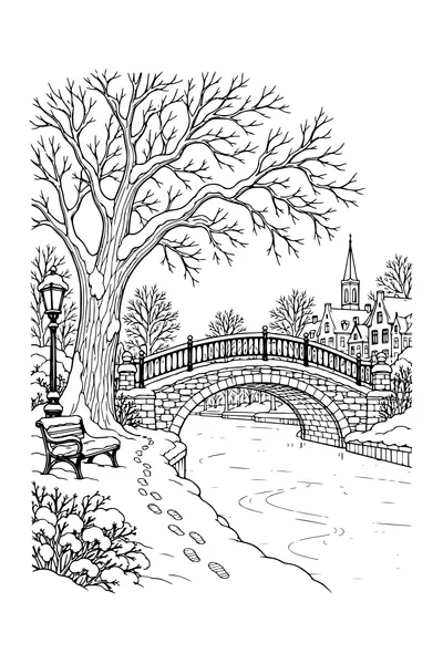 Coloriage : Pont voûté sur le canal avec un arbre et des empreintes.