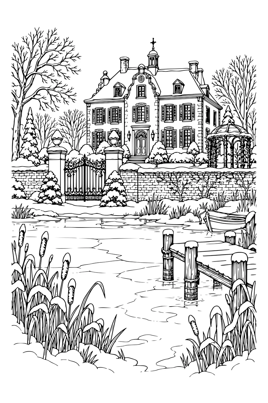 Ausmalbild: Altes Landhaus mit Schilf und Steg.