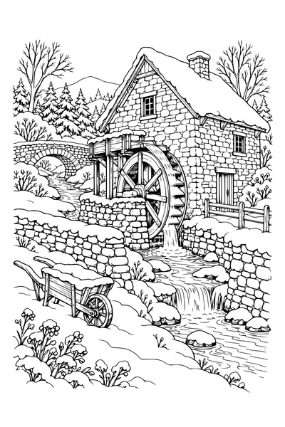 Coloriage : Moulin à eau en pierre avec une vieille brouette.