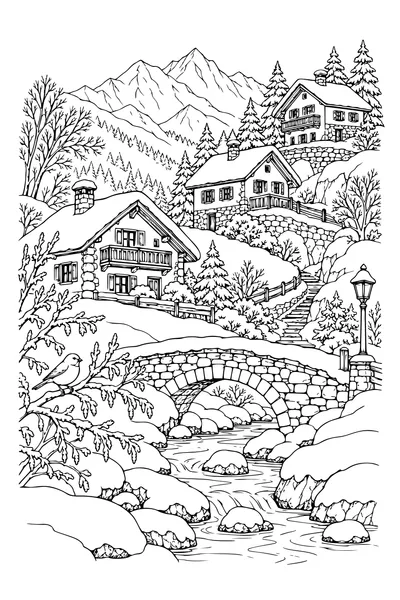 Coloriage : Village de montagne enneigé avec des pierres enneigées.