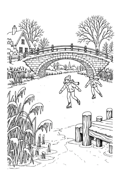 Coloriage : Pont voûté sur le canal avec des roseaux et un ponton.