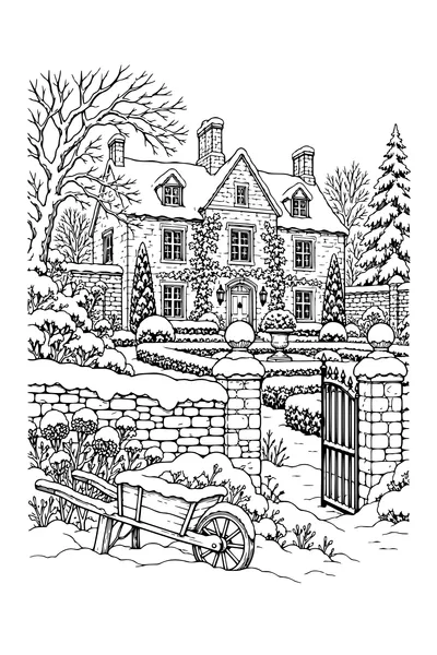 Coloriage : Vieille maison de campagne avec une vieille brouette.