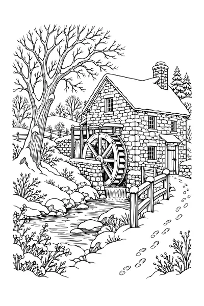 Coloriage : Moulin à eau en pierre avec un arbre et des empreintes.