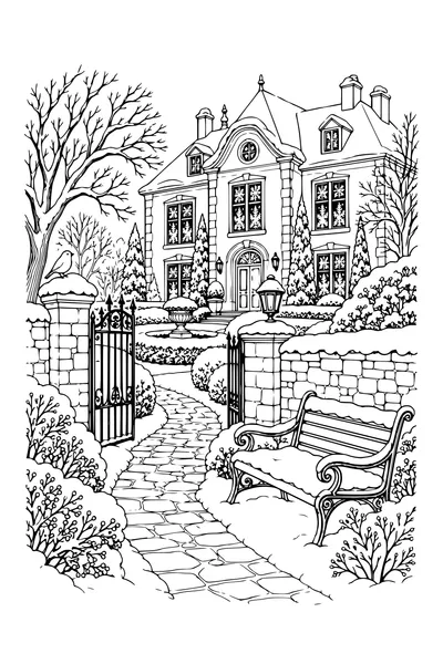 Coloriage : Vieille maison de campagne avec un chemin et un banc.