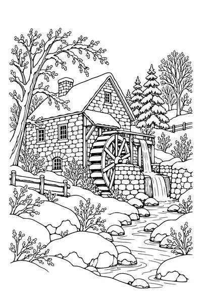 Coloriage : Moulin à eau en pierre avec des pierres enneigées.