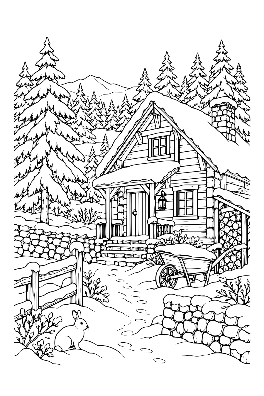 Coloriage : Cabane forestière avec une vieille brouette.