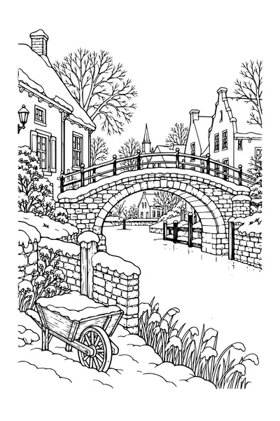 Coloriage : Pont voûté sur le canal avec une vieille brouette.