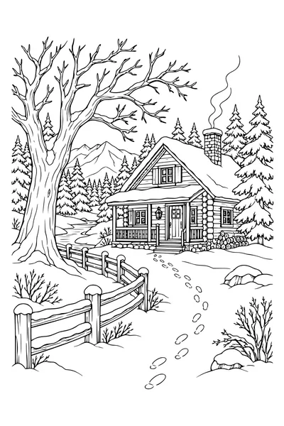 Coloriage : Cabane forestière avec un arbre et des empreintes.