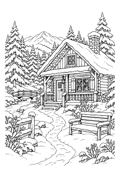 Coloriage : Cabane forestière avec un chemin et un banc.