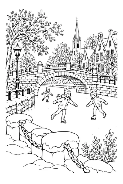 Coloriage : Pont voûté sur le canal avec des pierres enneigées.