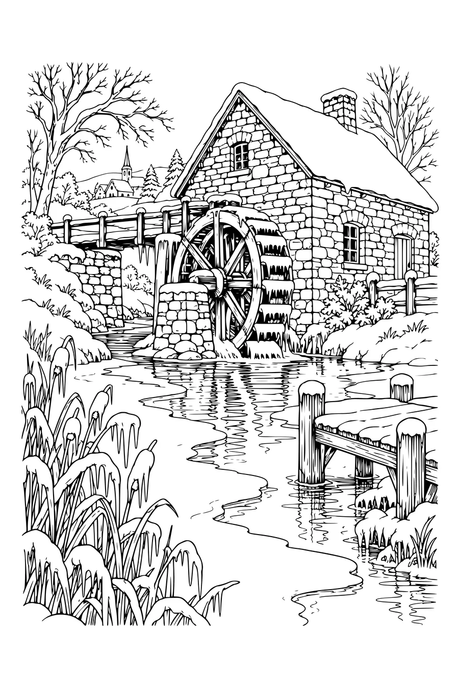 Coloring page: Stone watermill with reeds and a jetty.