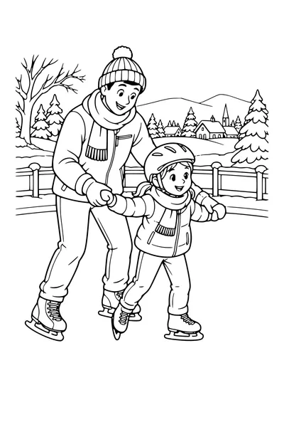 Coloriage : Apprendre à patiner près d’une clôture enneigée.