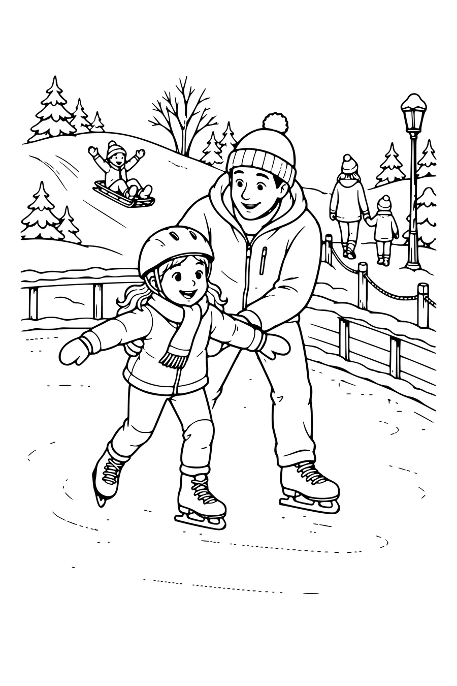 Coloriage : Apprendre à patiner près d’une pente enneigée.