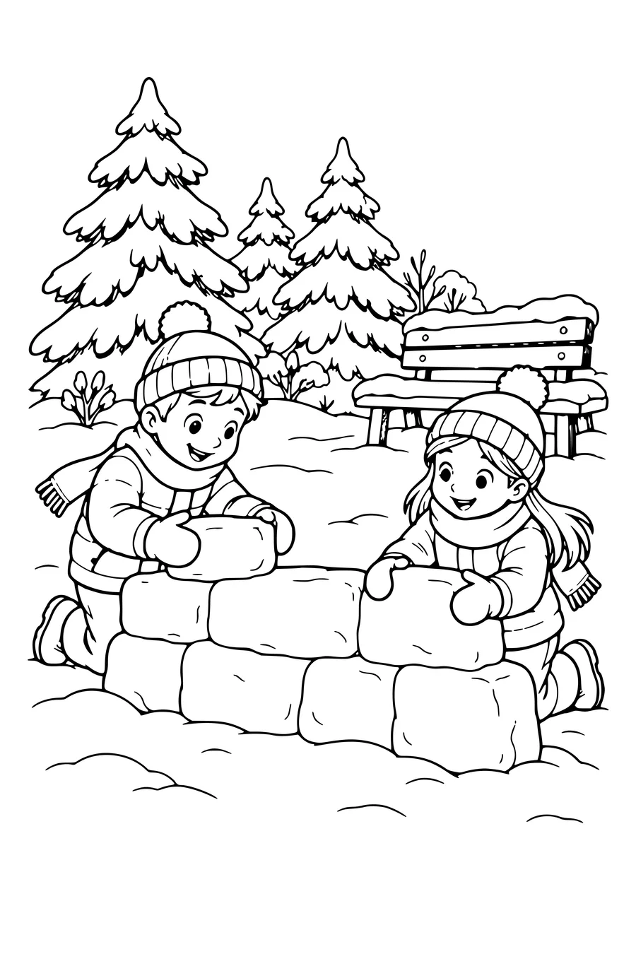 Ausmalbild: Eine Schneemauer bauen bei verschneiten Tannen.