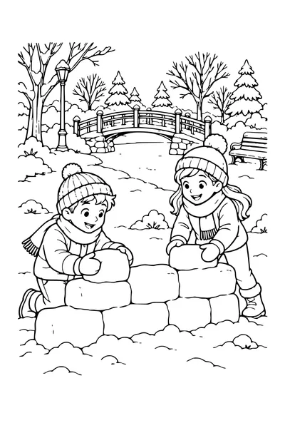 Coloriage : Construire un mur de neige dans un parc avec un pont.