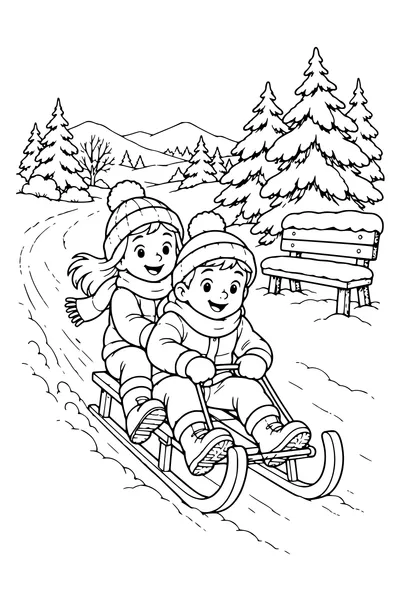 Coloriage : Enfants en luge près des sapins enneigés.