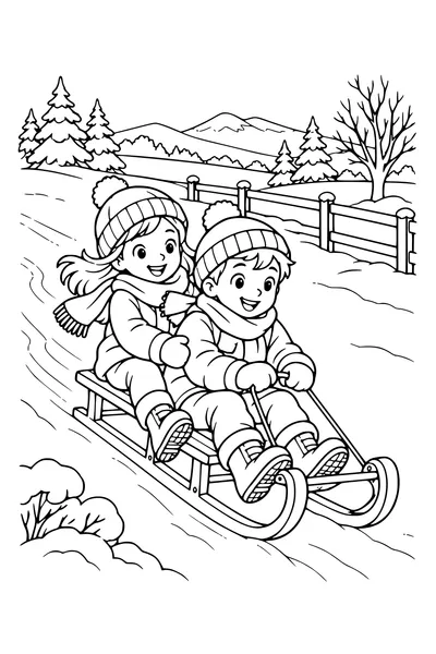Coloriage : Enfants en luge près d’une clôture enneigée.