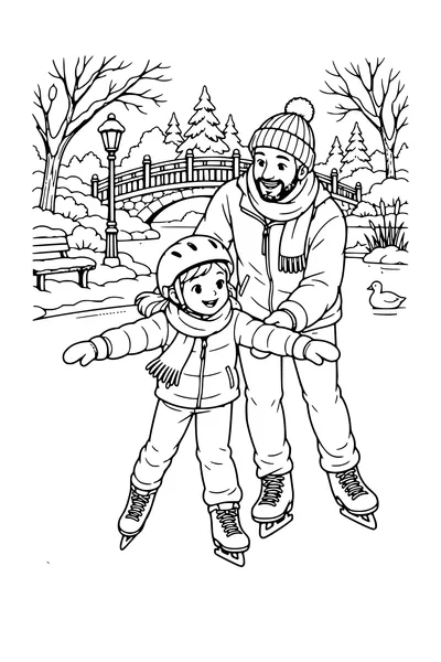 Coloriage : Apprendre à patiner dans un parc avec un pont.