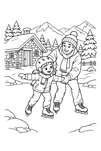 Coloriage : Apprendre à patiner près d’un chalet.