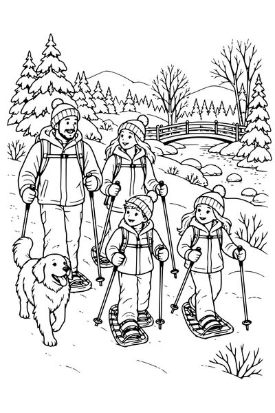 Coloriage : Promenade en raquettes en famille dans un parc avec un pont.