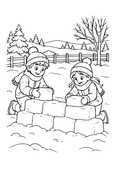 Coloriage : Construire un mur de neige près d’une clôture enneigée.