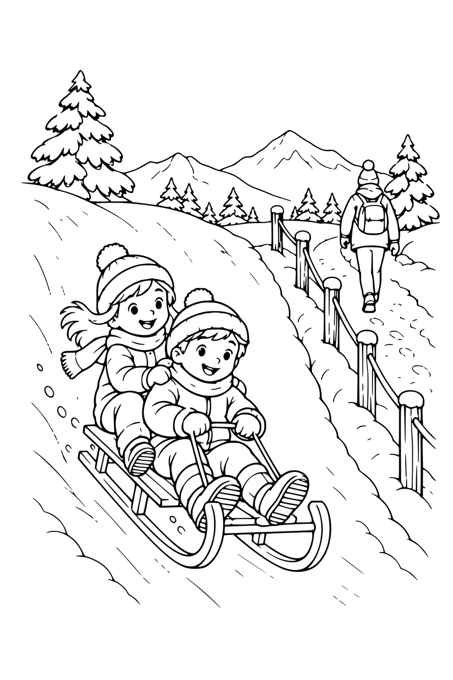 Ausmalbild: Kinder beim Rodeln am Winterhang.