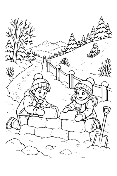 Coloriage : Construire un mur de neige près d’une pente enneigée.