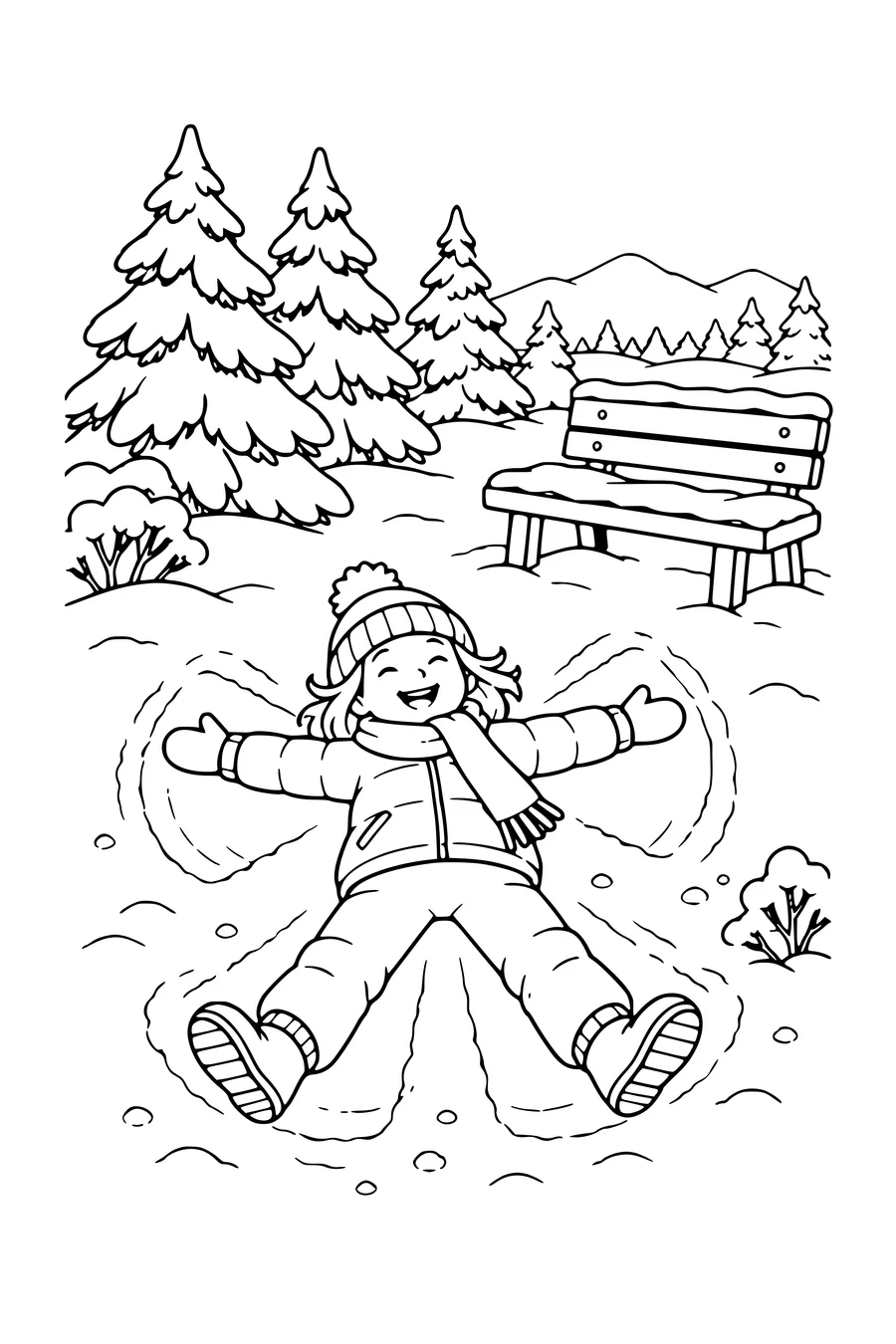 Coloriage : Faire un ange dans la neige près des sapins enneigés.