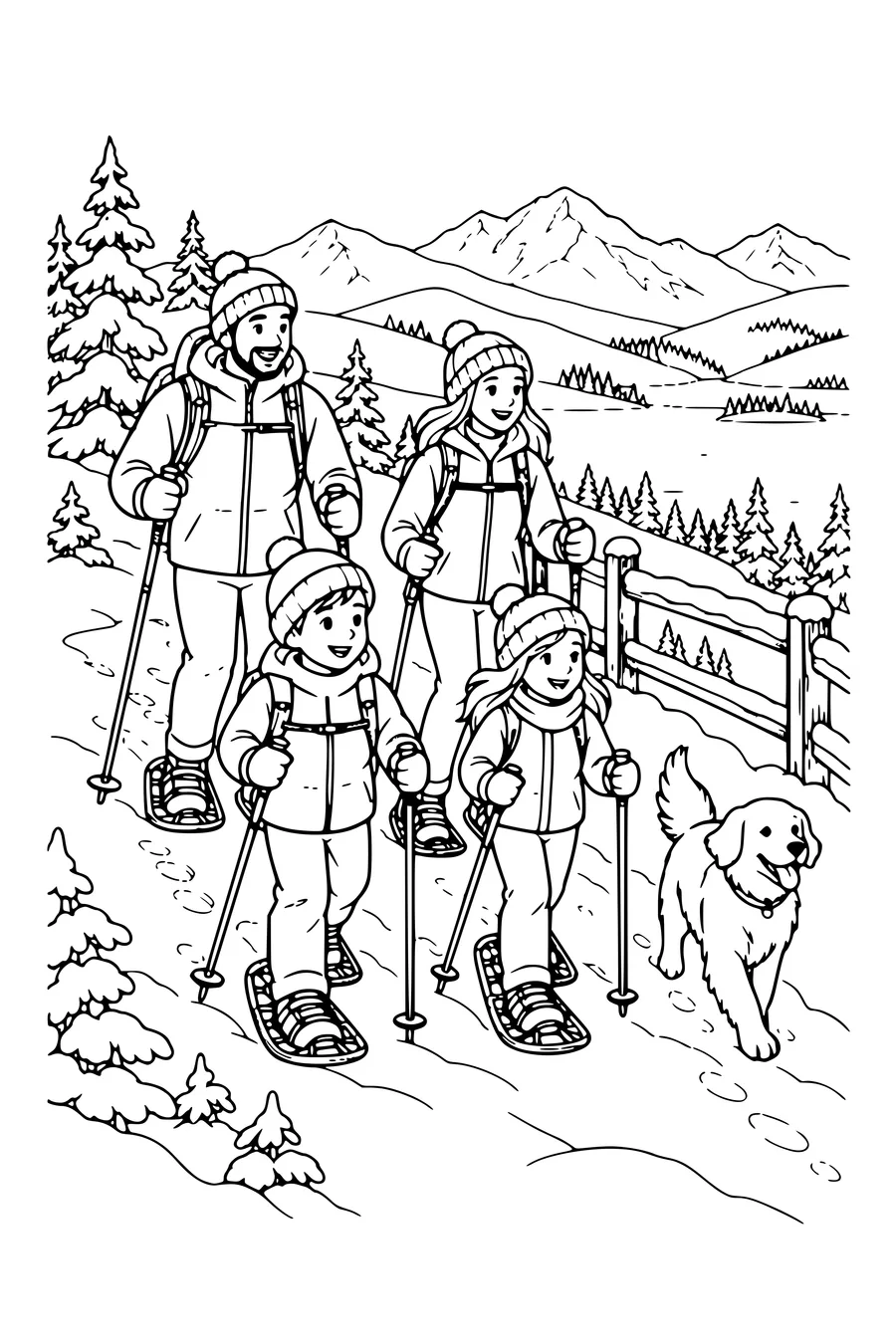 Ausmalbild: Familie auf Schneeschuhen am Zaun im Schnee.