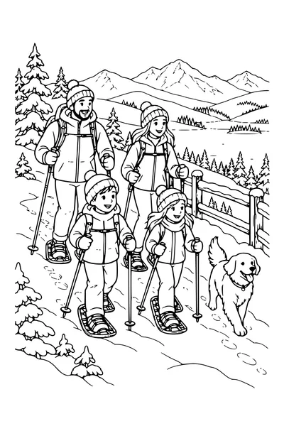 Coloriage : Promenade en raquettes en famille près d’une clôture enneigée.
