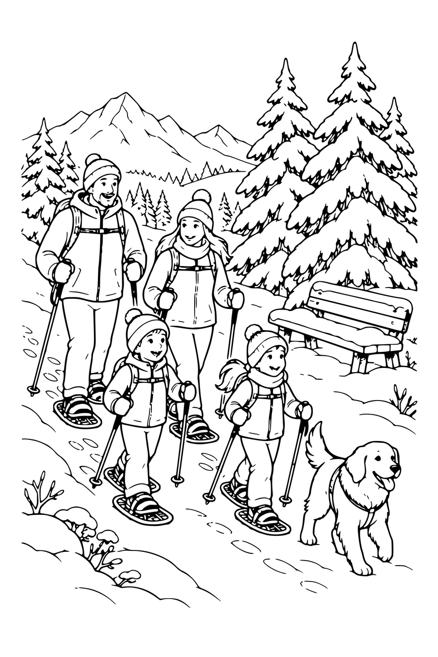 Coloring page: Family snowshoe walk near snowy fir trees.