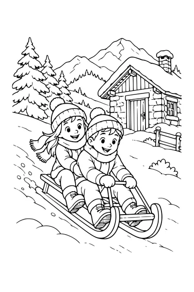 Coloriage : Enfants en luge près d’un chalet.