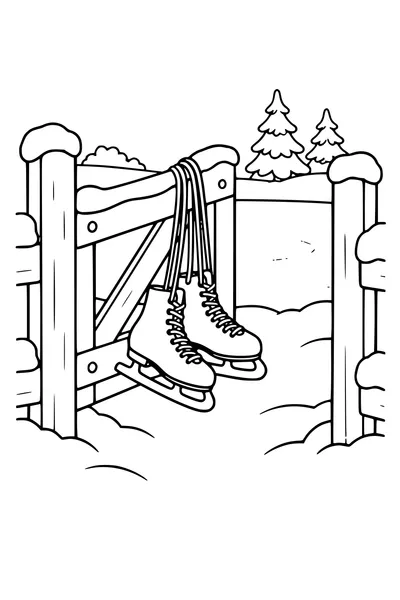 Coloriage : Patins à glace près d’un portail en bois.