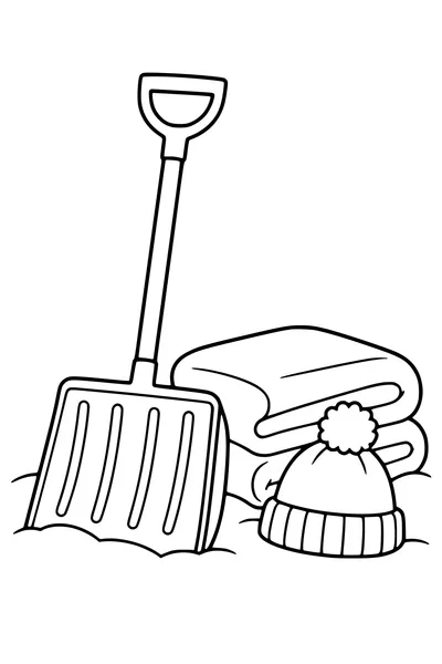 Coloriage : Pelle à neige près d’une couverture et d’un bonnet.