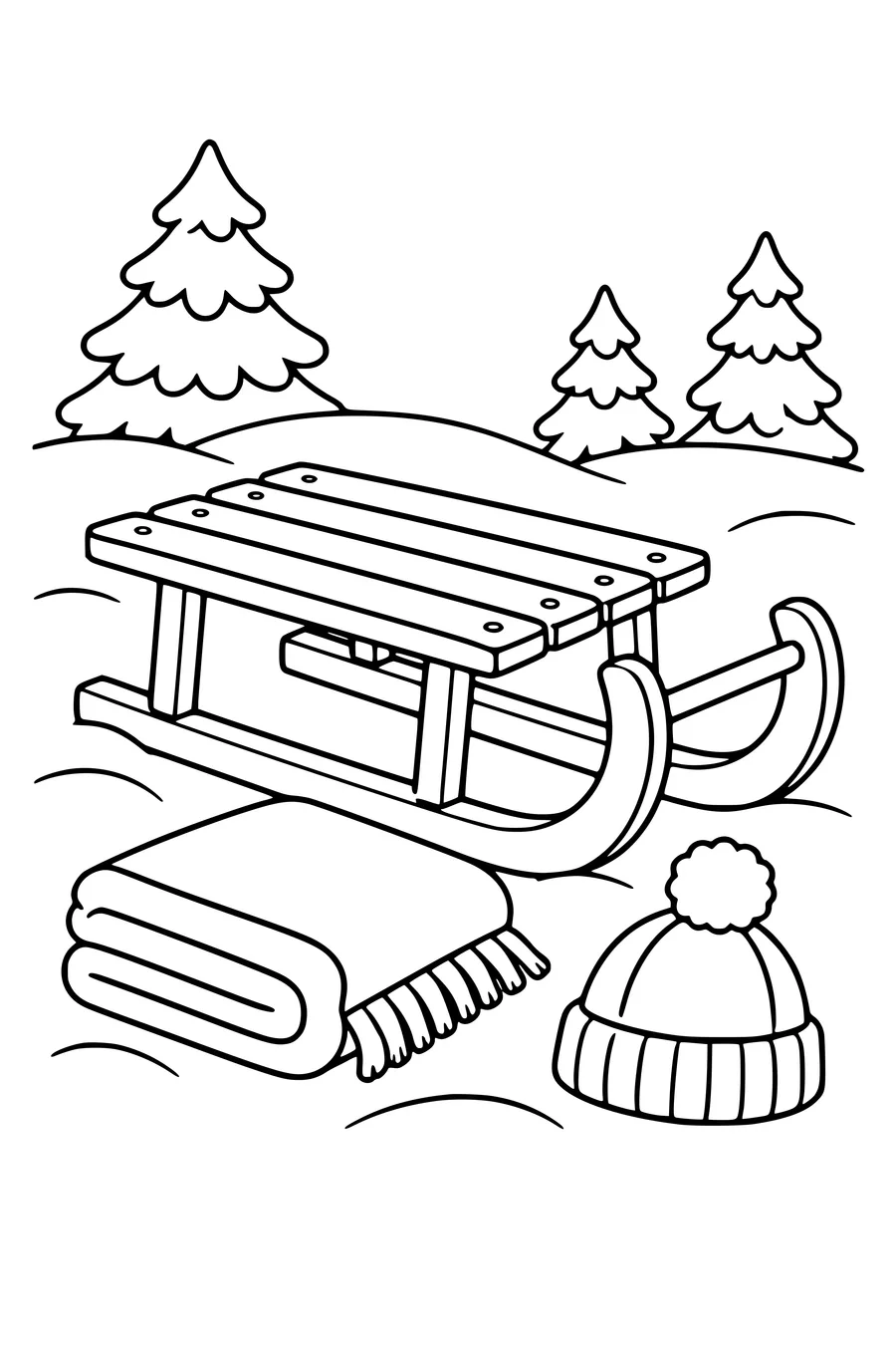 Coloriage : Luge en bois près d’une couverture et d’un bonnet.