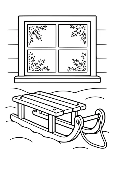 Coloriage : Luge en bois près d’une fenêtre givrée.