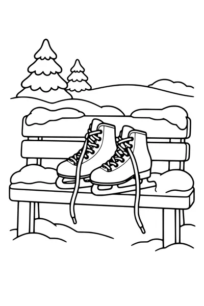 Coloriage : Patins à glace sur un banc enneigé.