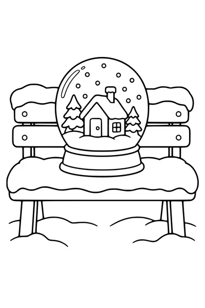 Coloriage : Boule à neige avec maison sur un banc enneigé.