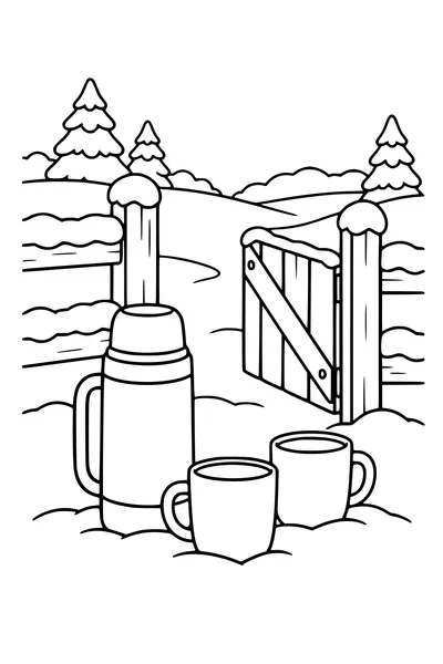 Coloriage : Thermos et tasses près d’un portail en bois.