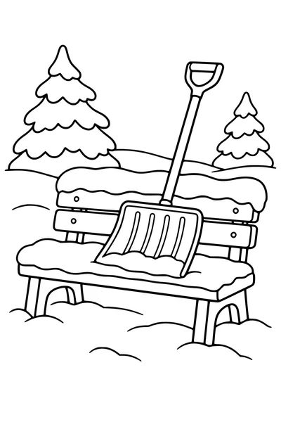 Coloriage : Pelle à neige sur un banc enneigé.