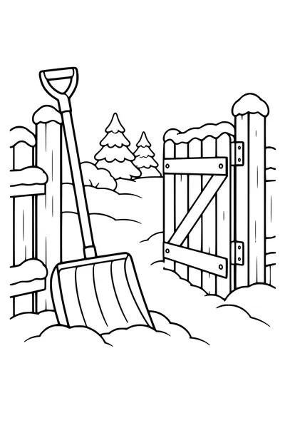 Coloriage : Pelle à neige près d’un portail en bois.
