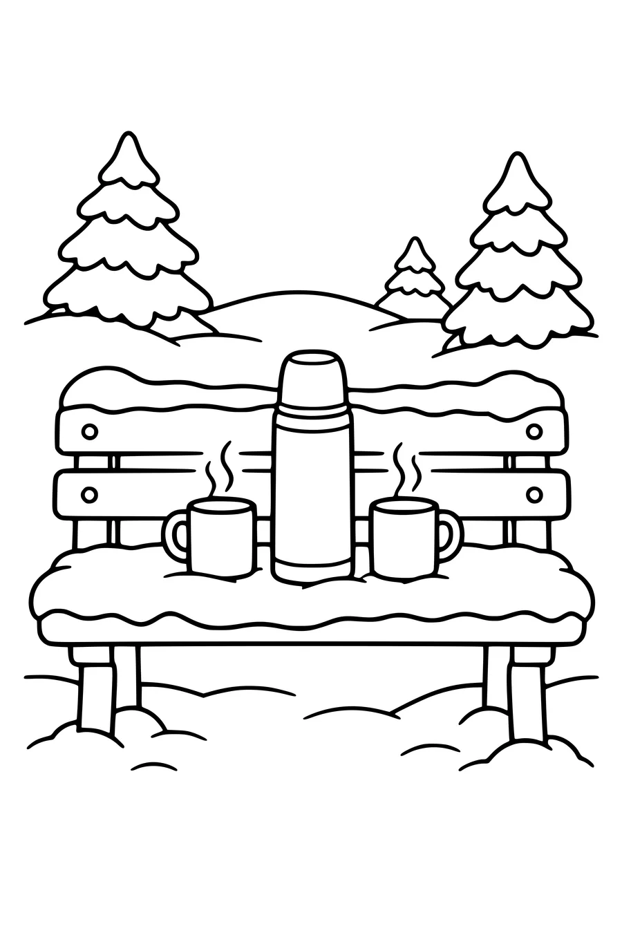 Coloring page: Thermos with mugs on a snowy bench.