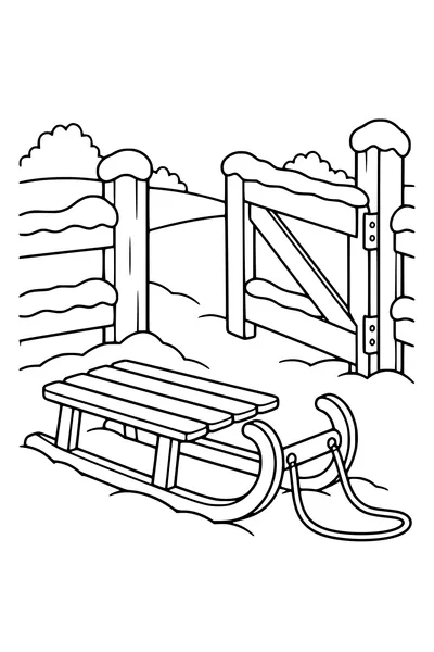 Coloriage : Luge en bois près d’un portail en bois.