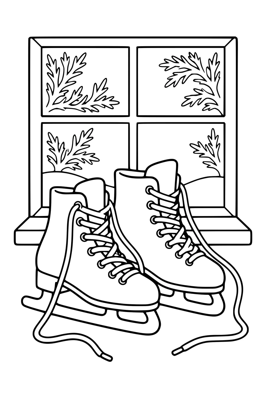 Ausmalbild: Schlittschuhe am Fenster mit Eisblumen.