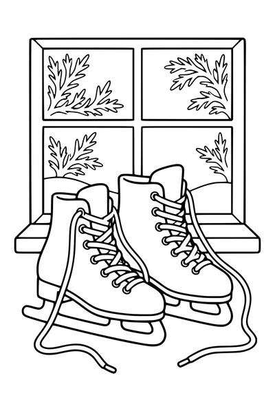 Coloriage : Patins à glace près d’une fenêtre givrée.