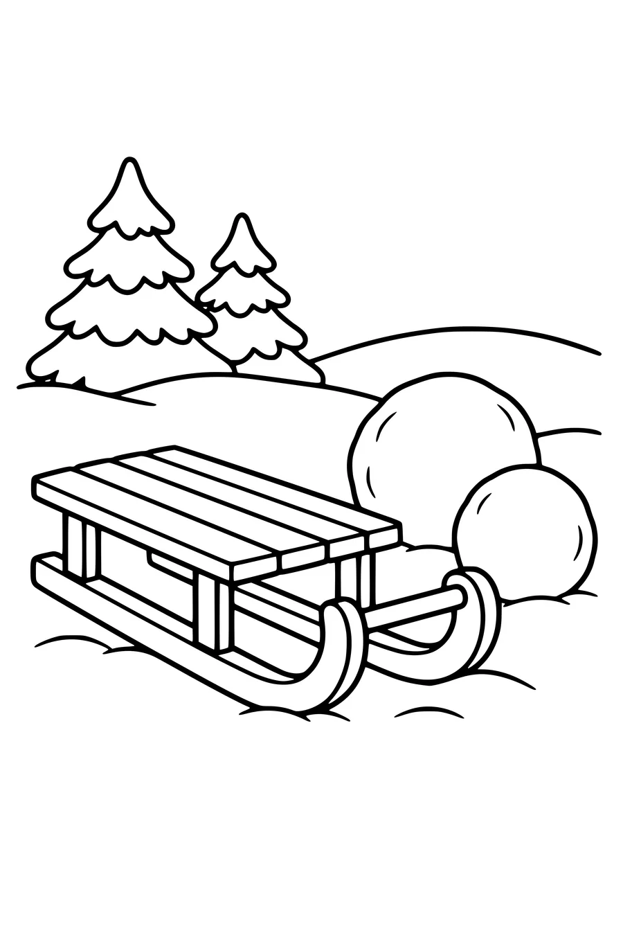 Ausmalbild: Holzschlitten neben Schneebällen.